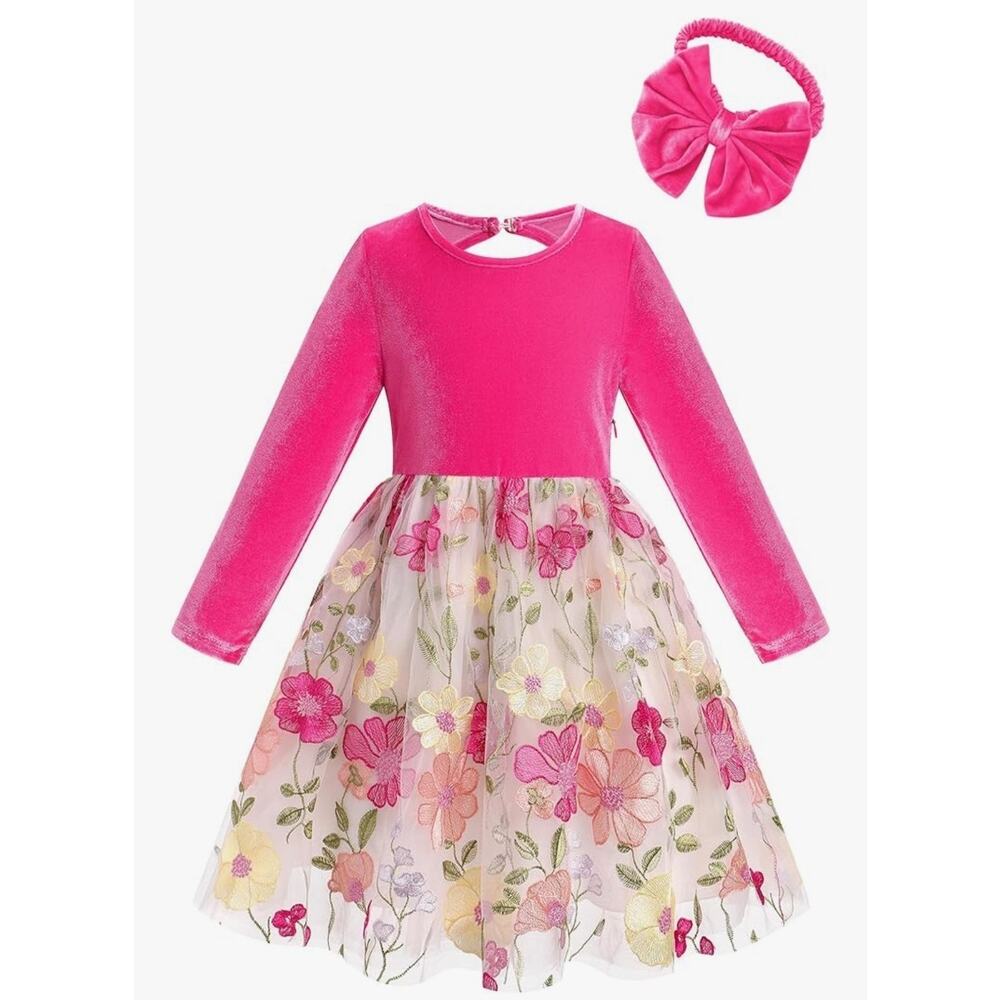 Girls Velvet Dress Floral Embroidery Tulle with Bowknot Headband, Pink Size 9-10